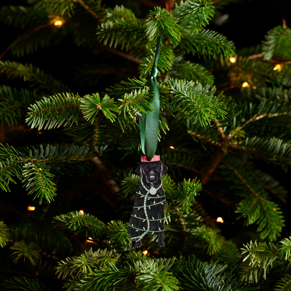 wooden labrador christmas tree decoration with green ribbon