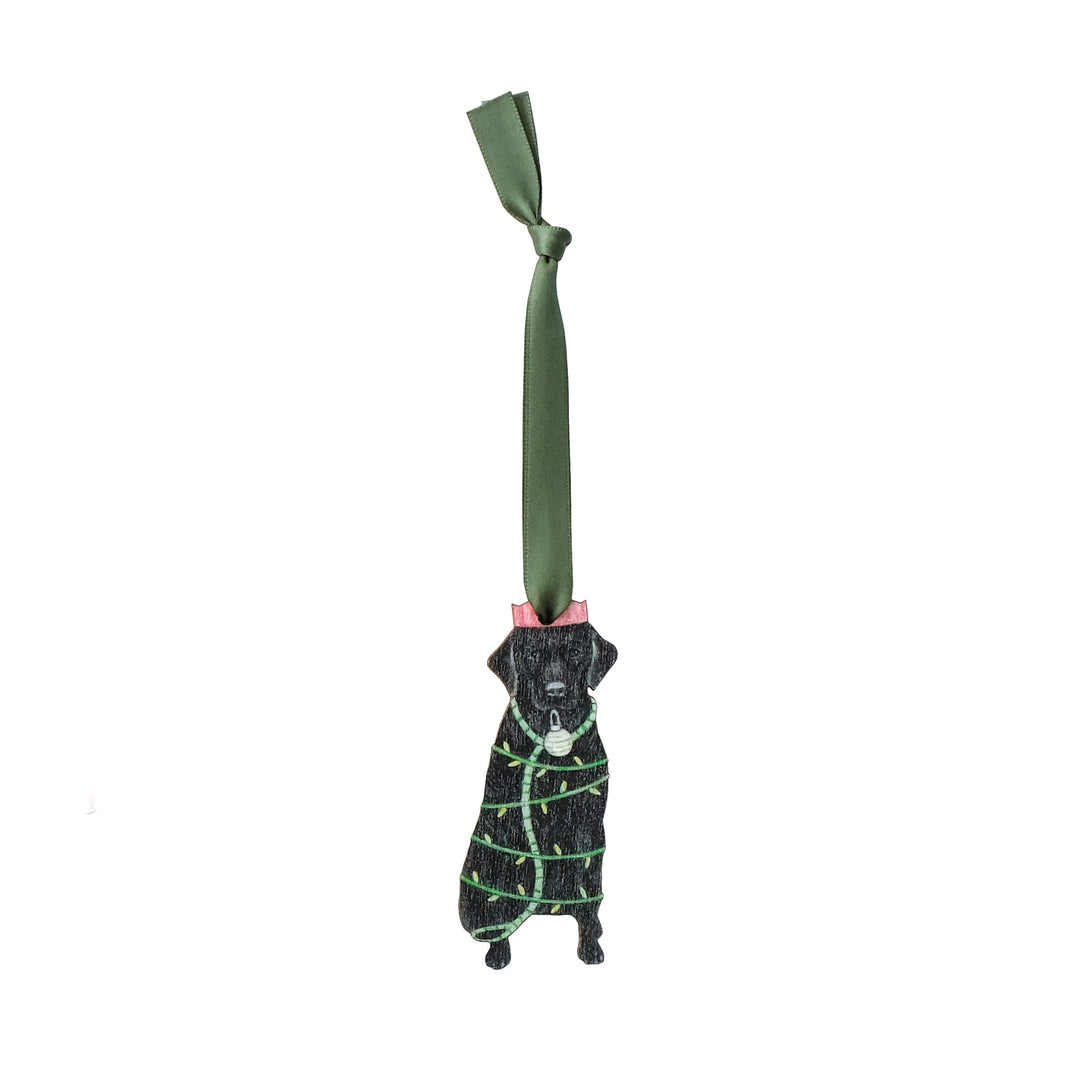 wooden labrador christmas tree decoration with green ribbon