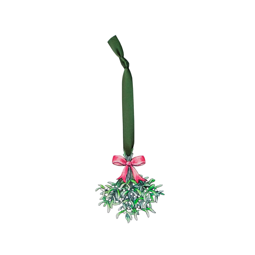 mistletoe wooden christmas tree decoration with green ribbon