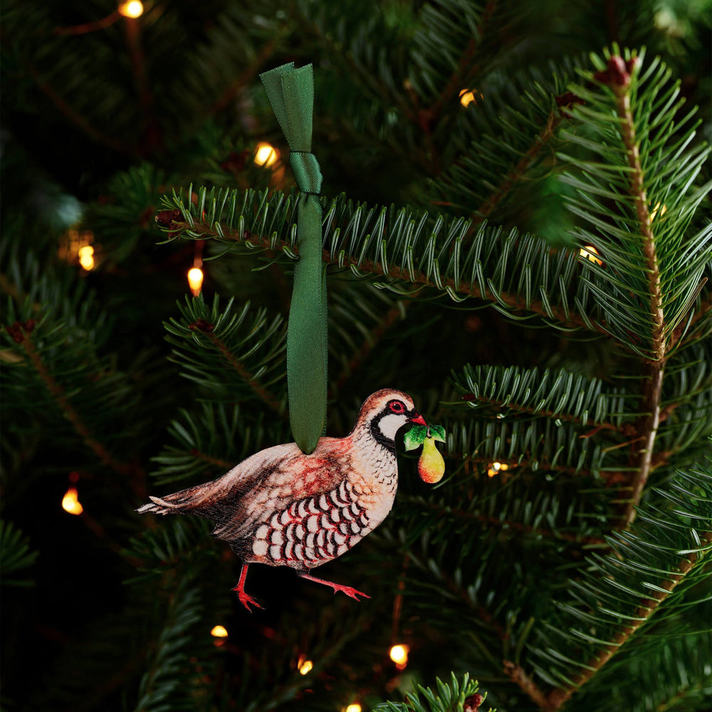 wooden partridge christmas tree decoration with green ribbon