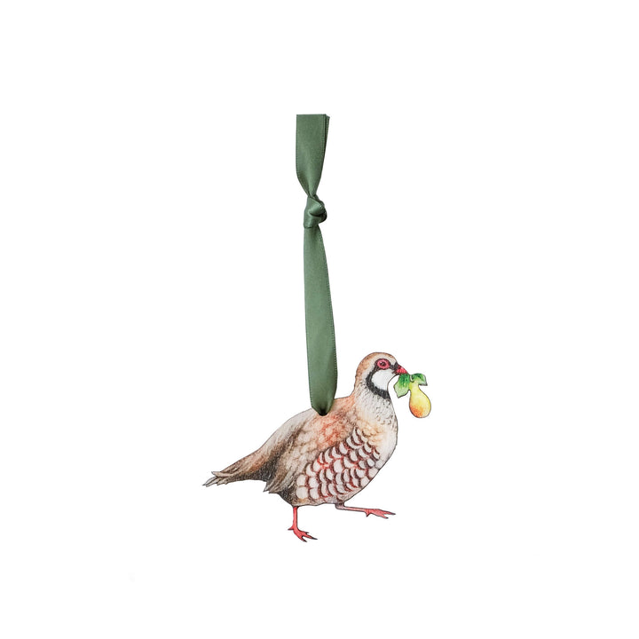 wooden partridge christmas tree decoration with green ribbon