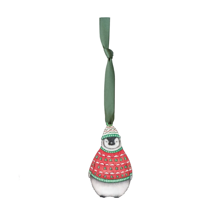 wooden penguin christmas tree decoration with green ribbon