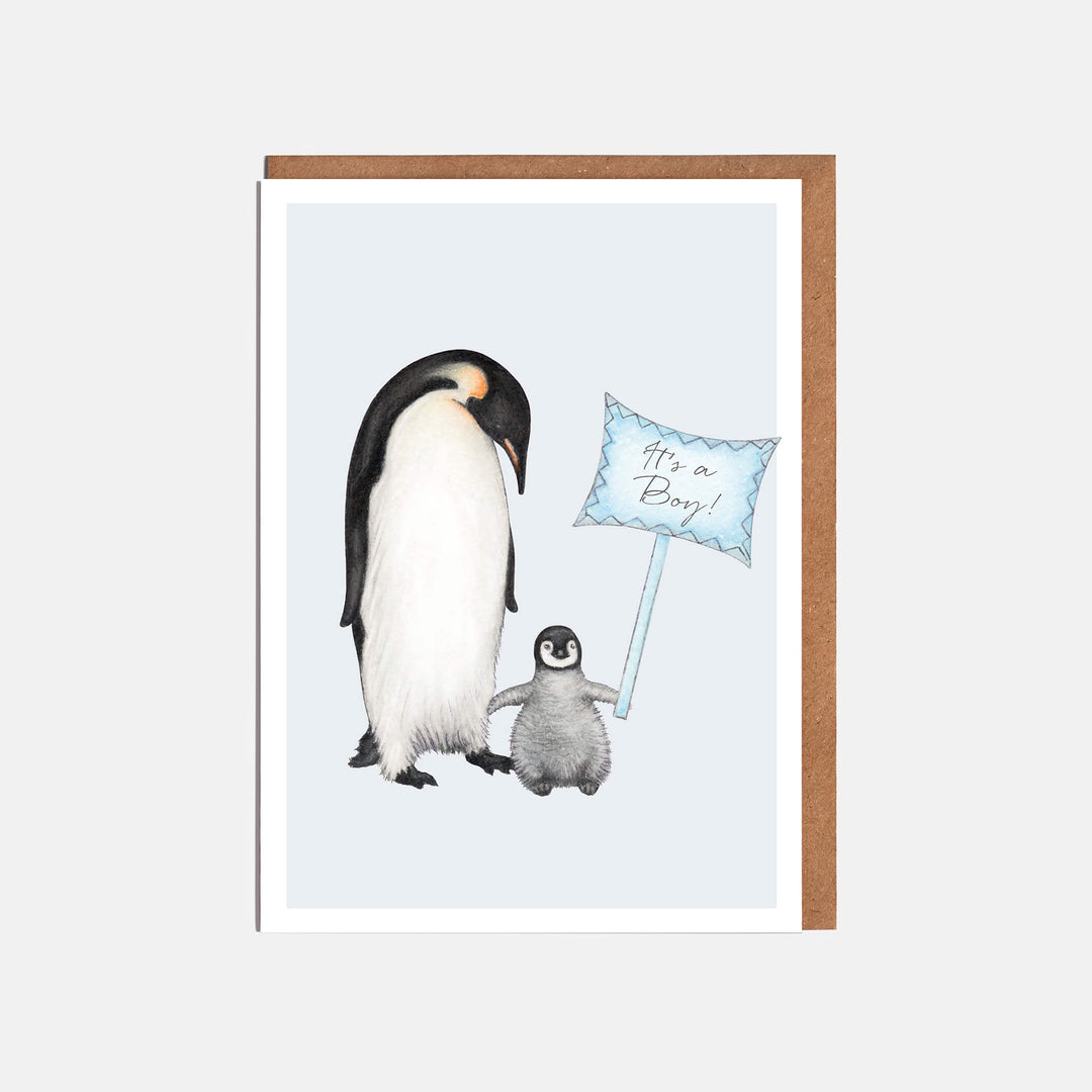 Penguin new baby boy card with kraft envelope