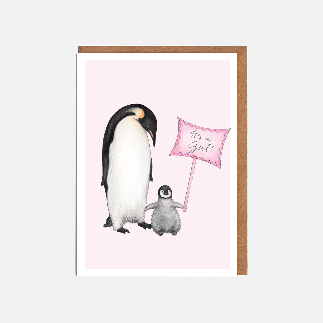 Penguin new baby girl card with kraft envelope