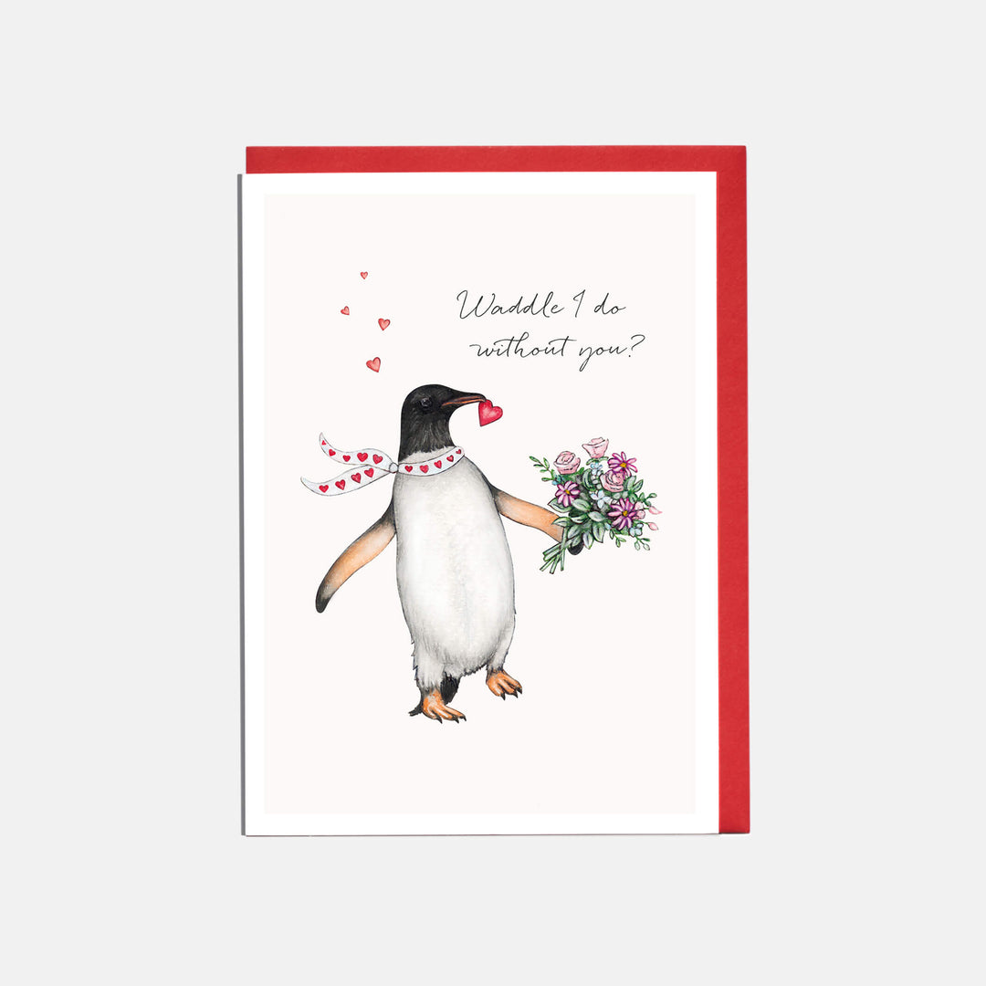 penguin valentines day card with red envelope