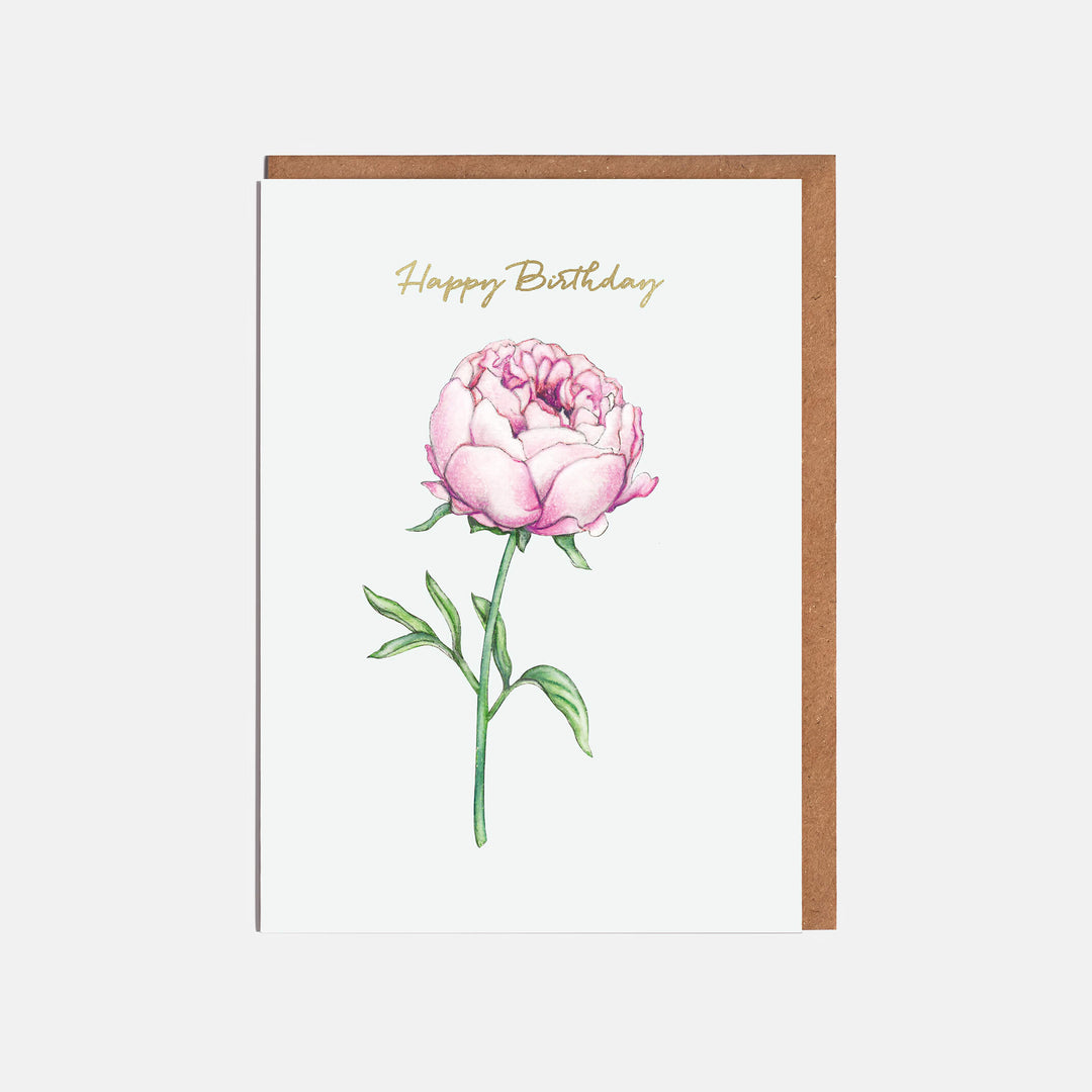 pink peony flower birthday card with kraft envelope