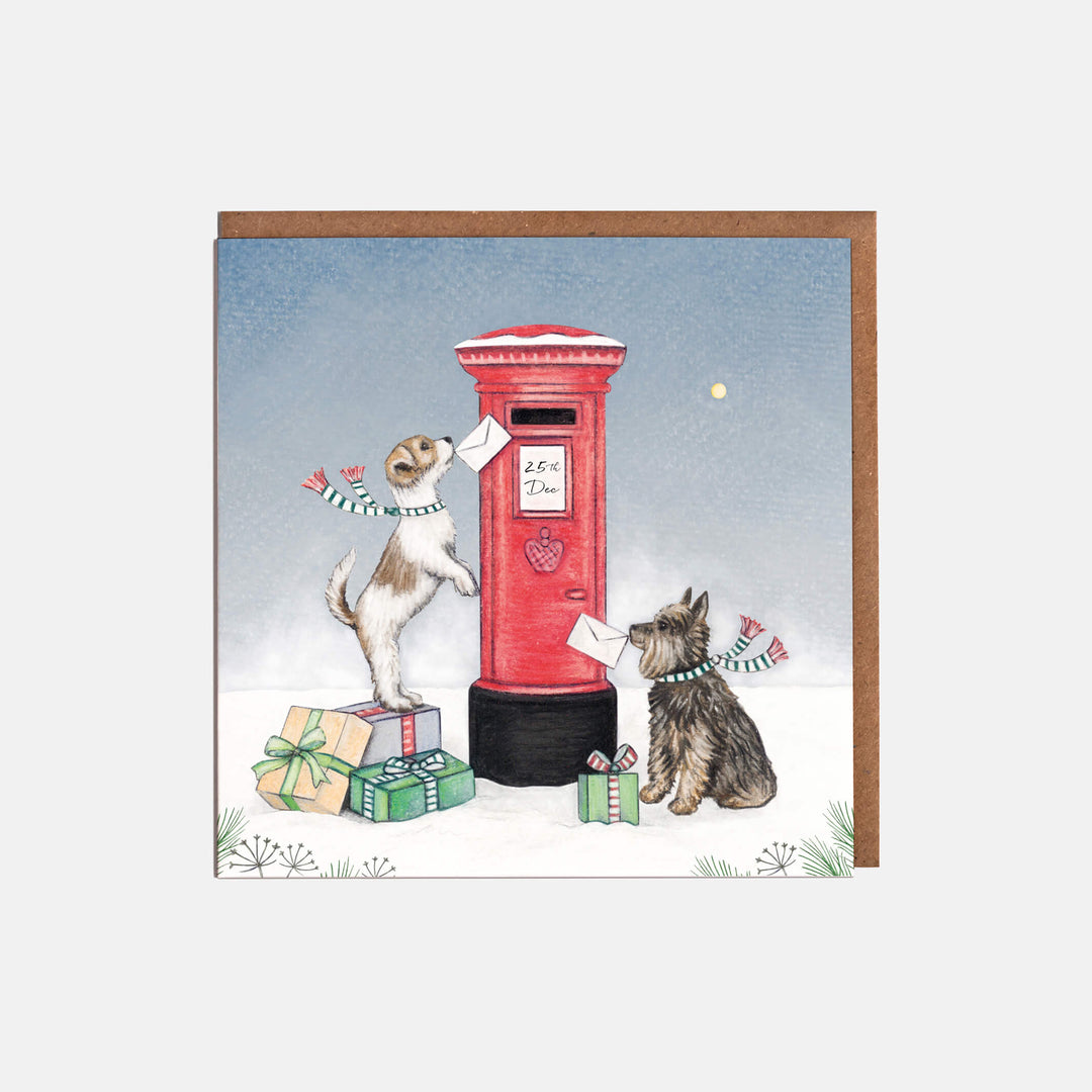 post box & terrier christmas card pack with kraft envelopes