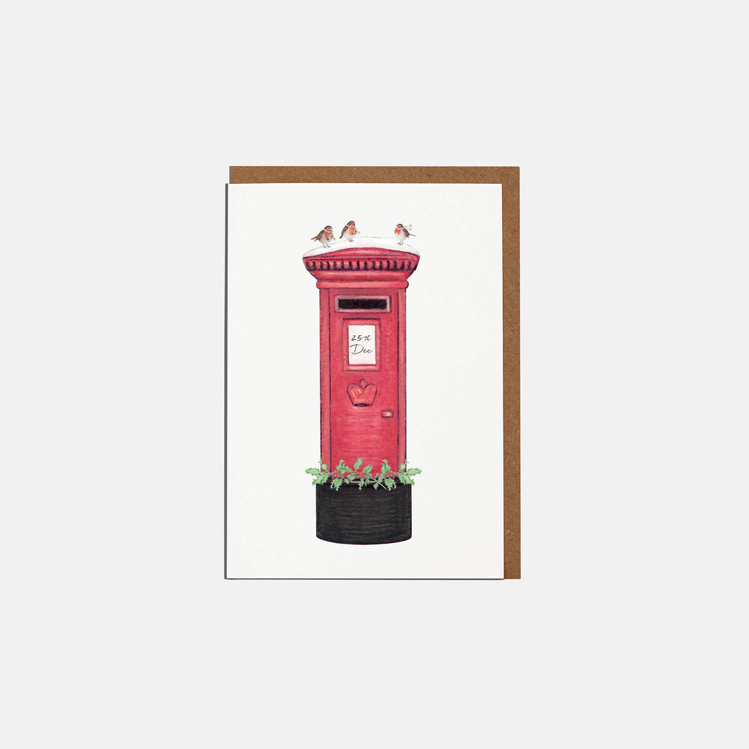postbox & robin mini christmas card with kraft envelope