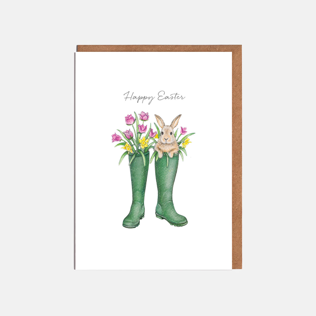 rabbit and wellies easter card with kraft envelope