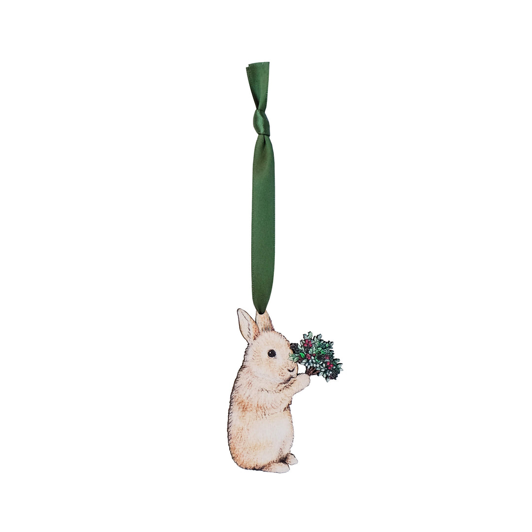rabbit wooden christmas tree decoration with green ribbon