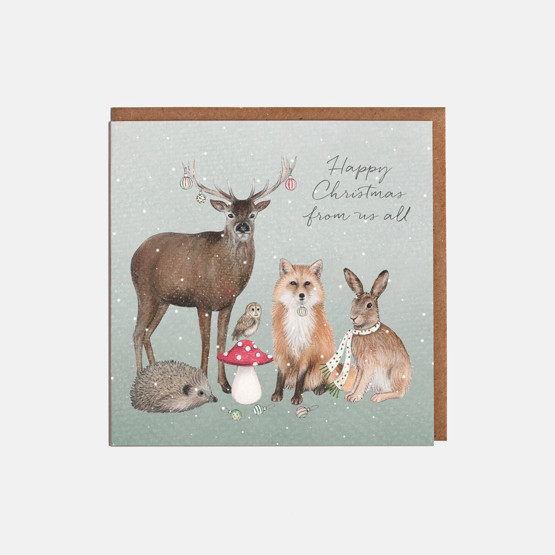 Reindeer hare fox woodland animals christmas card with kraft envelope