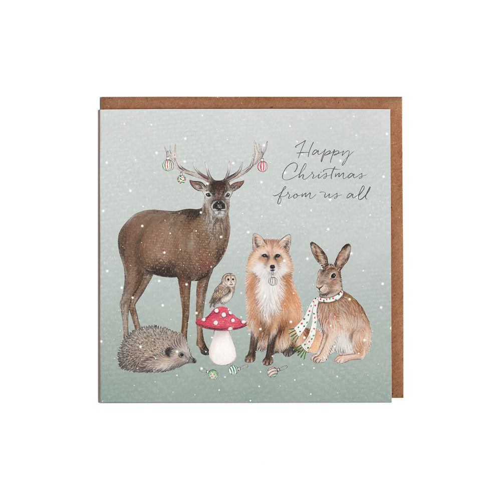 Reindeer hare fox woodland animals christmas card with kraft envelope