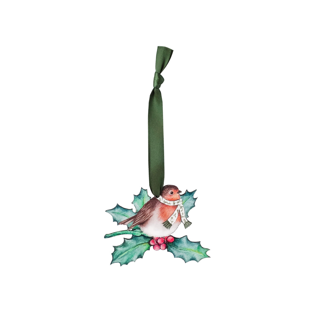 robin holly wooden christmas tree decoration with green ribbon