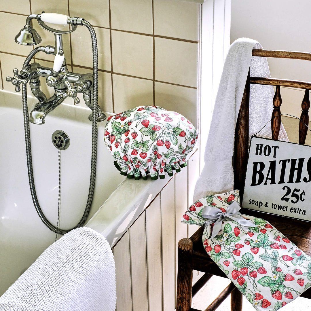 strawberry hot water bottle and shower cap