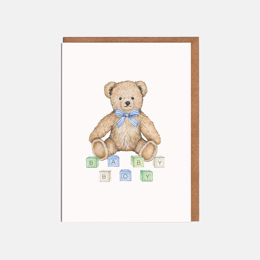 teddy bear new baby boy card with kraft envelope