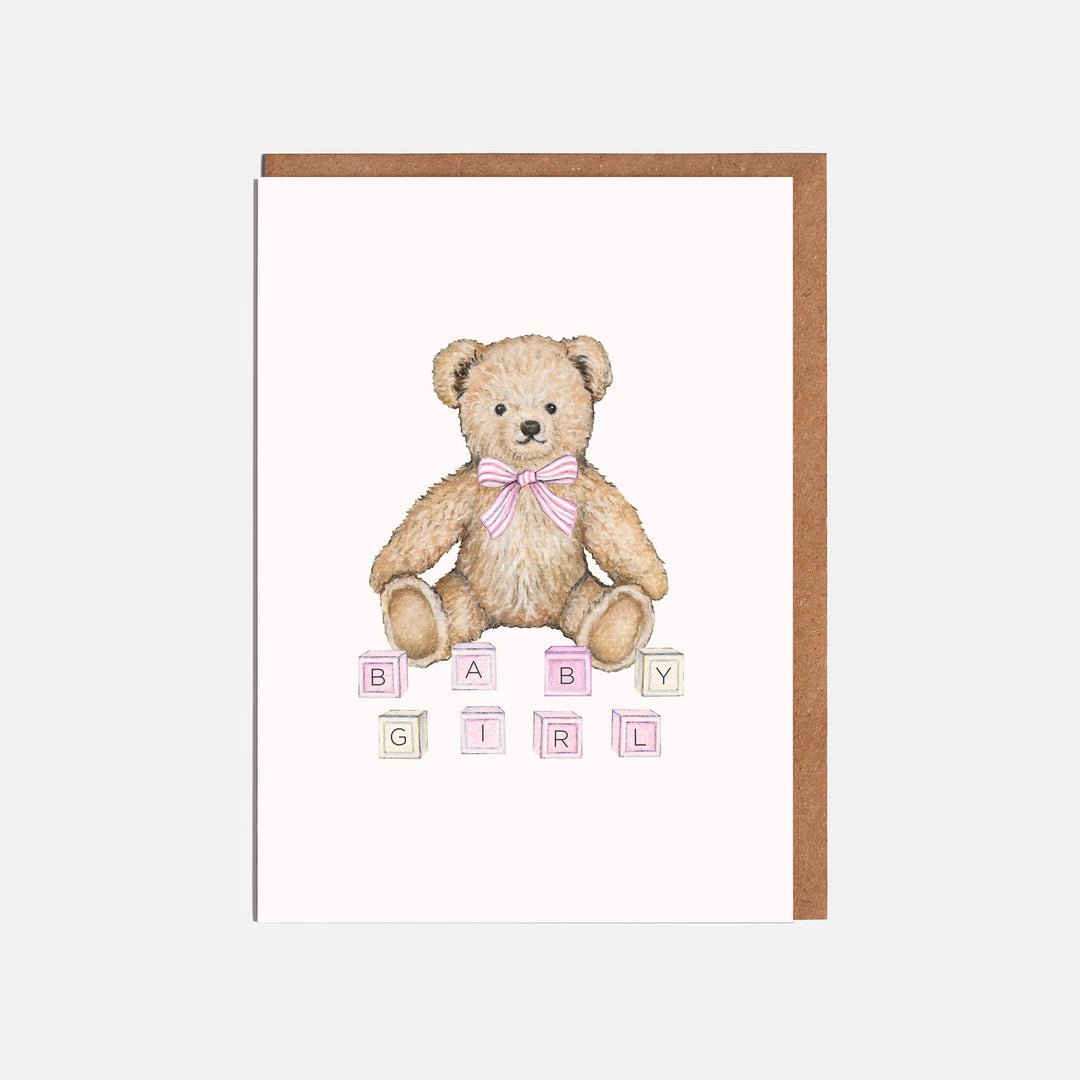 teddy bear new baby girl card with kraft envelope