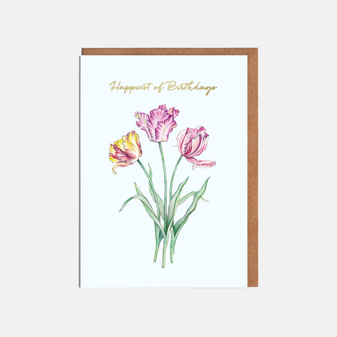 pink, red and yellow tulip flower birthday card with kraft envelope