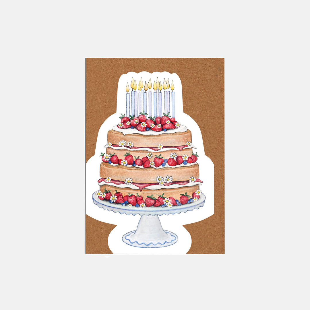 die cut  victoria sponge cake birthday card with kraft envelope