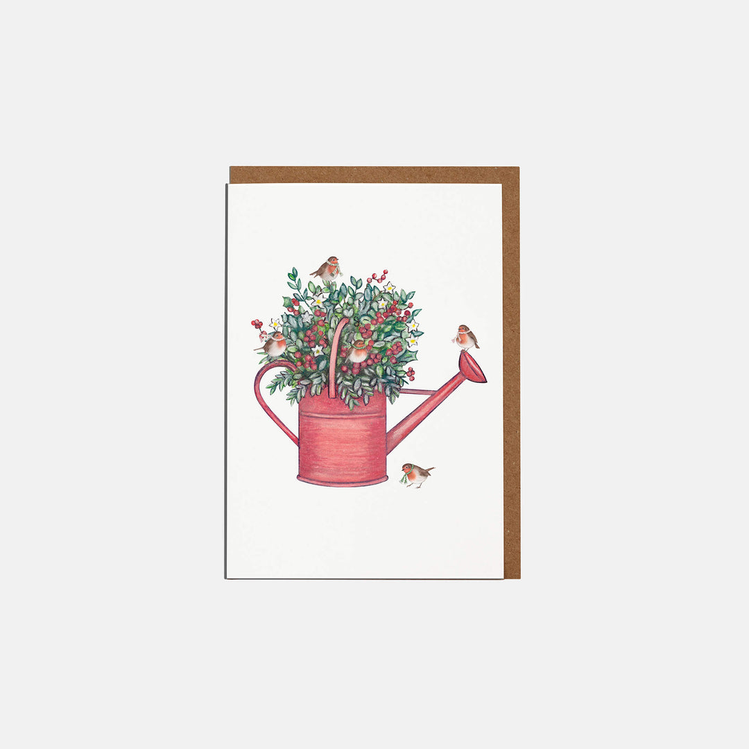 watering can & robin mini christmas card with kraft envelope