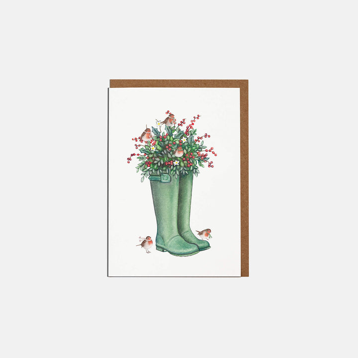 wellies mini christmas card with kraft envelope