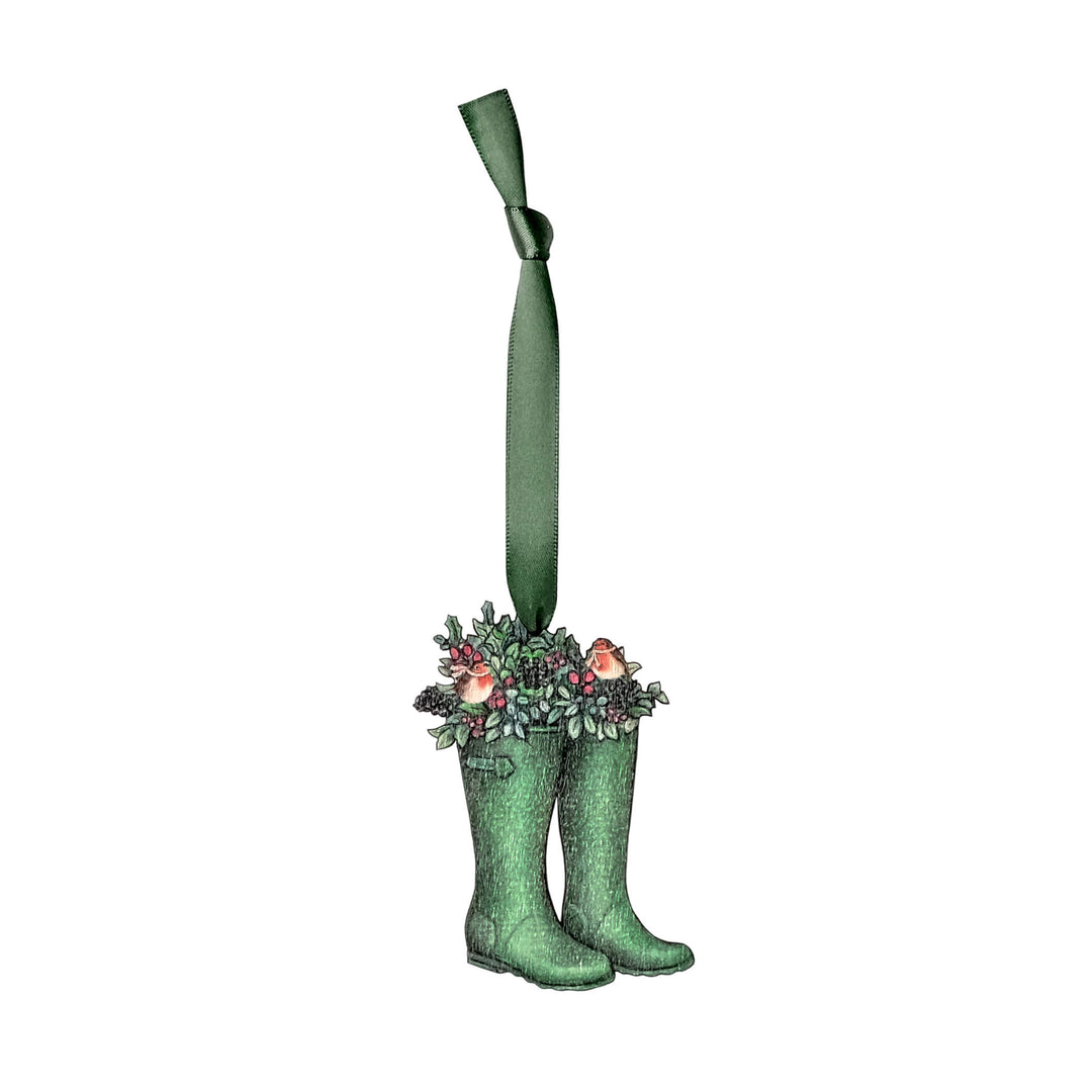 wooden wellington boot christmas tree decoration with green ribbon