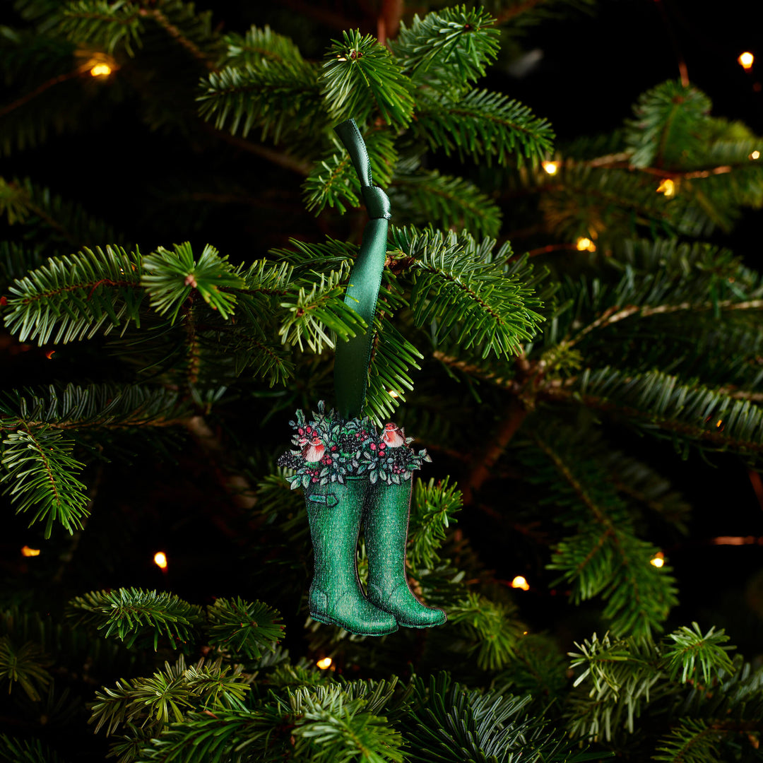 wooden wellington boot christmas tree decoration with green ribbon