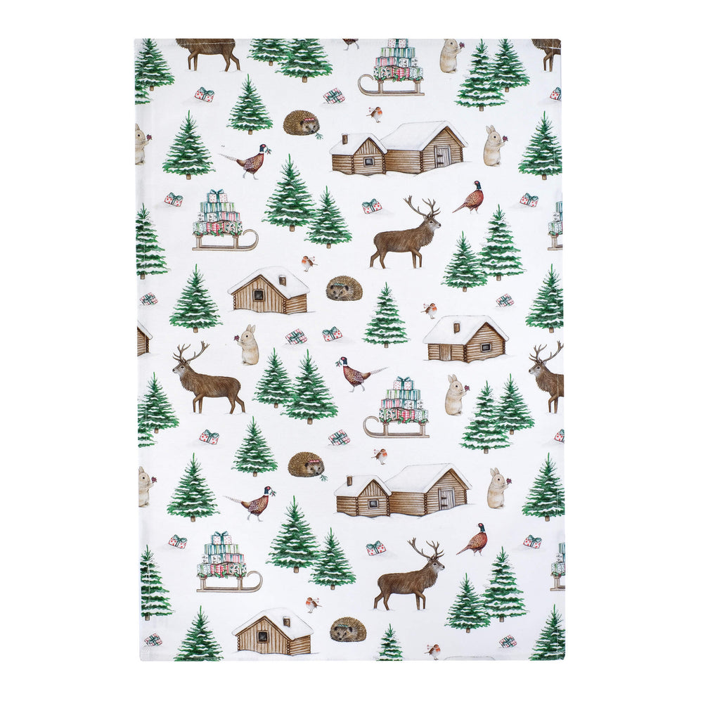 woodland creatures christmas tea towel