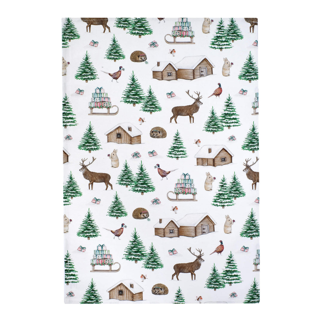 woodland creatures christmas tea towel