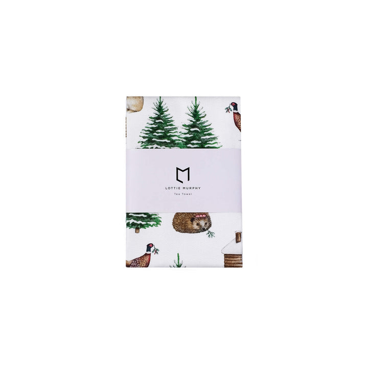 woodland creatures christmas tea towel