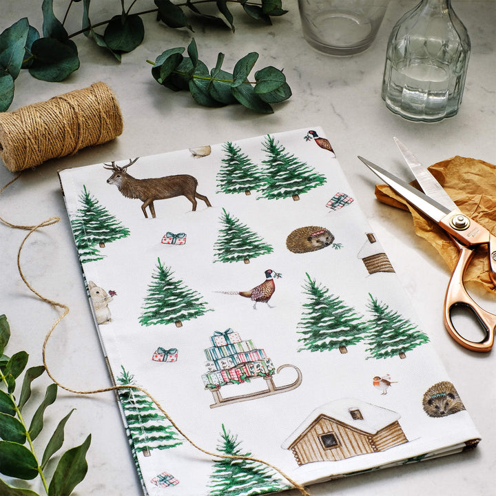 Woodland Creatures Christmas Tea Towel