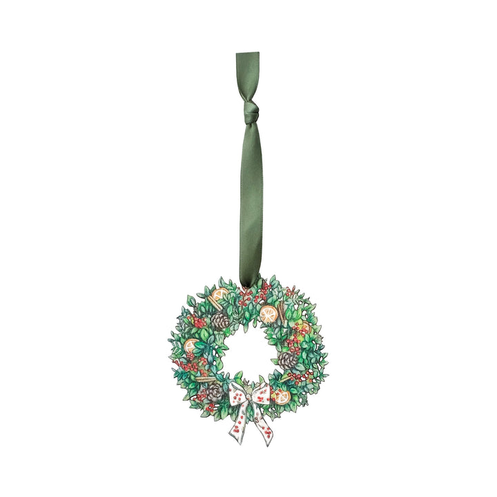 wooden wreath christmas tree decoration with green ribbon