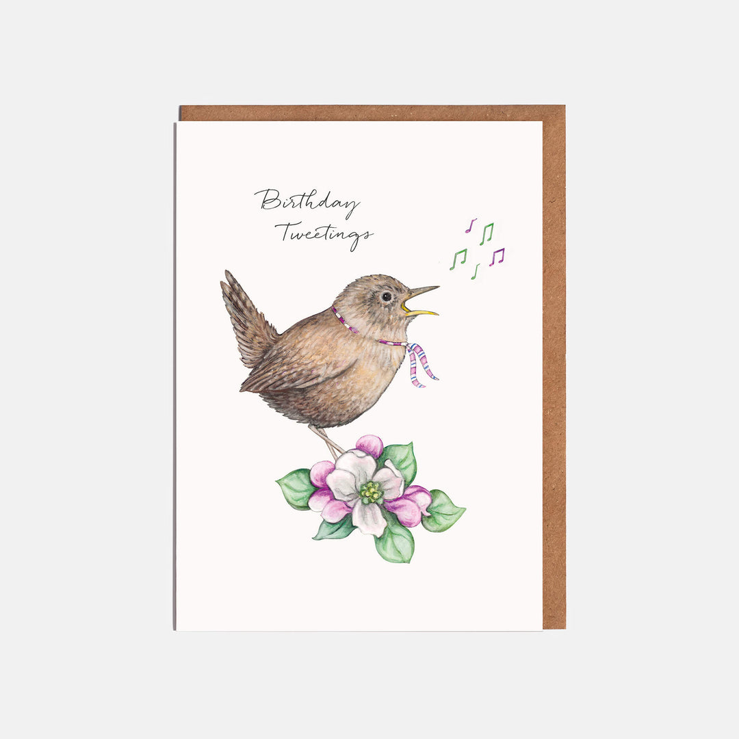 wren birthday card with kraft envelope